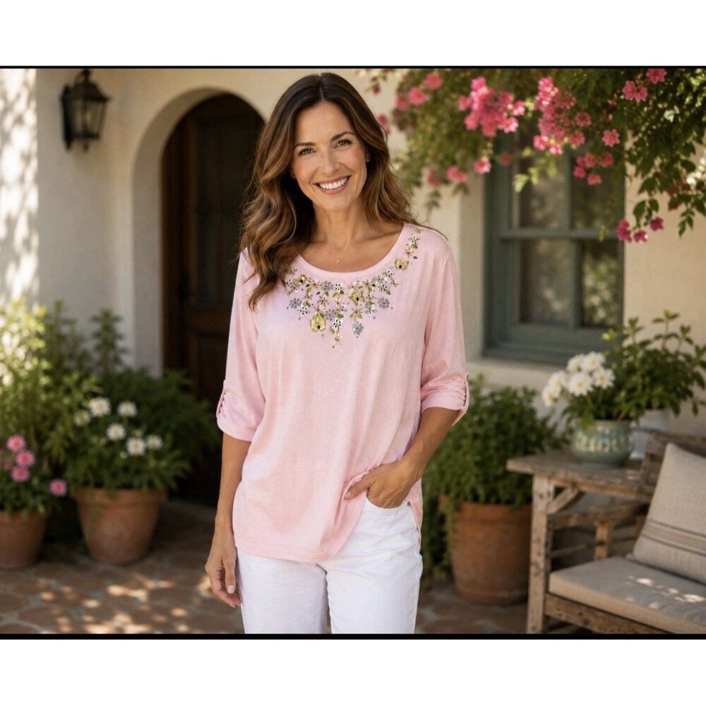 Quacker Factory Pink Short Sleeve Embellished Rhinestone Top Size Large